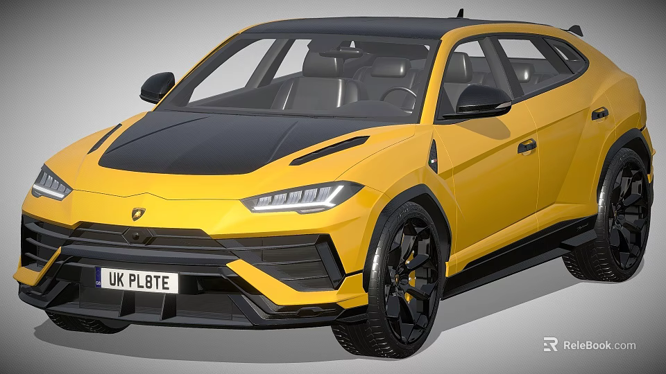 Yellow Lamborghini SUV With Black Roof And Sports Design UK License Plate 3d model 
