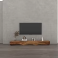 Wooden TV Stand with Unique Natural Edge Design and Decorative Items Under Wall Mounted TV