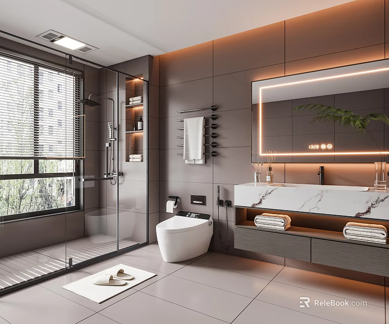 Modern Bathroom Interior With Gray Walls Large Mirror Marble Vanity And Shower Area 3d model 