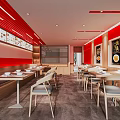 Shopping Mall Restaurant Interior With Red Wooden Decor Dining Tables Seats And Menu Displays