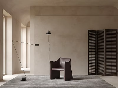 Modern Minimalist Single Chair Interior With Beige Walls Gray Rug Floor Lamp Dark Louvered Doors 3d model