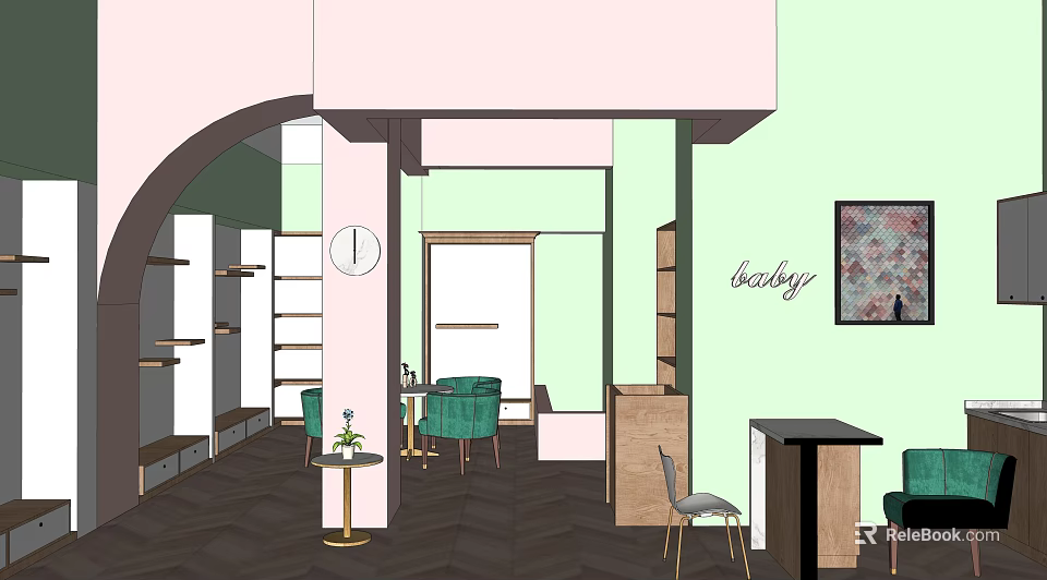 Shopping Mall Retail Store Interior With Green Chairs Wall Clock And Display Shelves 3d model 