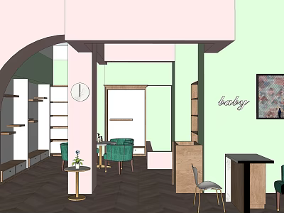 Shopping Mall Retail Store Interior With Green Chairs Wall Clock And Display Shelves 3d model