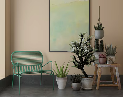 Interior Decor With Bonsai Tree Various Potted Plants Green Chair Hanging Plant And Wall Art 3d model