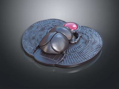 Black Metallic Decorative Scarab Figurine With Red Gemstone On Intricate Carved Base 3d model
