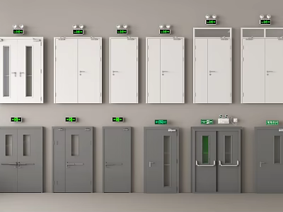 Various White And Gray Safety Doors With Green Signs And Indicators 3d model