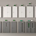 Various White And Gray Safety Doors With Green Signs And Indicators