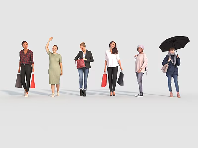 Diverse group of women carrying different bags waving and holding umbrella against gray background 3d model