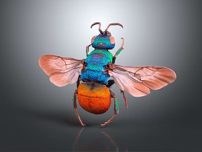 Colorful Insect With Blue Green Orange Body And Transparent Wings On Gray Background 3d model