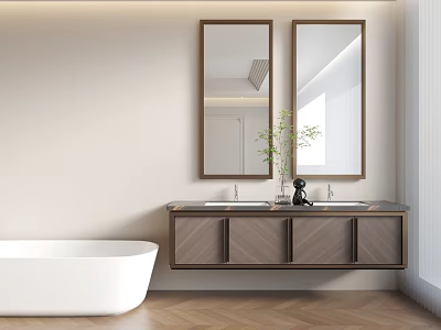 Modern Bathroom Interior With White Bathtub Double Sink Vanity Two Mirrors And Wooden Cabinets 3d model