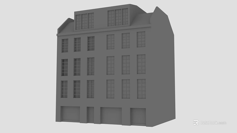 Exterior View Of Gray Multi Story Building With Multiple Windows And Garage Doors 3d model 