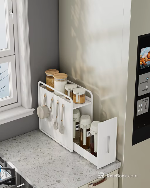 White Kitchen Storage Rack With Jars Spoons And Condiment Bottles Near Window 3d model 