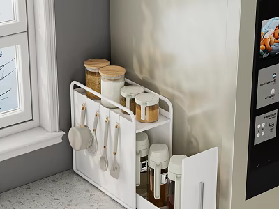 White Kitchen Storage Rack With Jars Spoons And Condiment Bottles Near Window 3d model