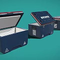 Three Blue Storage Boxes Showing Closed Half Open And Angled States On Teal Background