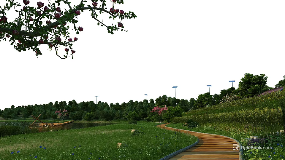 Tall Arbor Trees With Flowering Branches In Green Meadow Wooden Walkway And Wind Turbines 3d model 