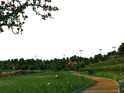 Tall Arbor Trees With Flowering Branches In Green Meadow Wooden Walkway And Wind Turbines 3d model