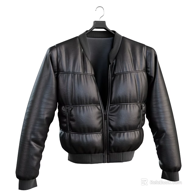 Black Leather Puffer Jacket with Zipper Closure Stand Collar and Short Length Stylish Design 3d model 