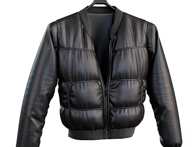 Black Leather Puffer Jacket with Zipper Closure Stand Collar and Short Length Stylish Design 3d model