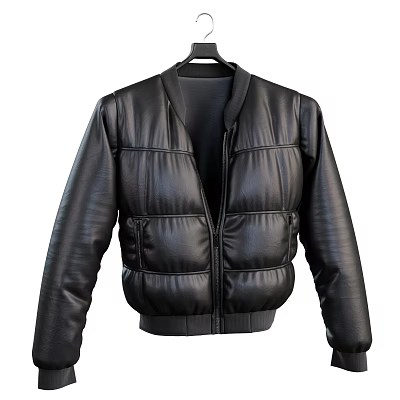 Black Leather Puffer Jacket with Zipper Closure Stand Collar and Short Length Stylish Design 3d model