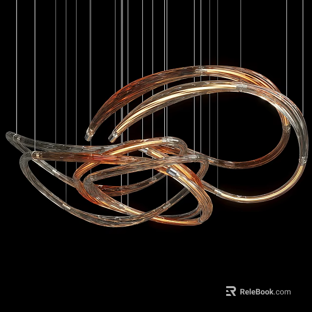 Modern Curved Metallic Chandelier With Gold Copper Hanging Sleek Lines Design 3d model 
