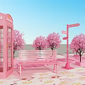 Scenic Outdoor Spot With Pink Cherry Trees Pink Benches Petal Covered Ground And Blue Sign
