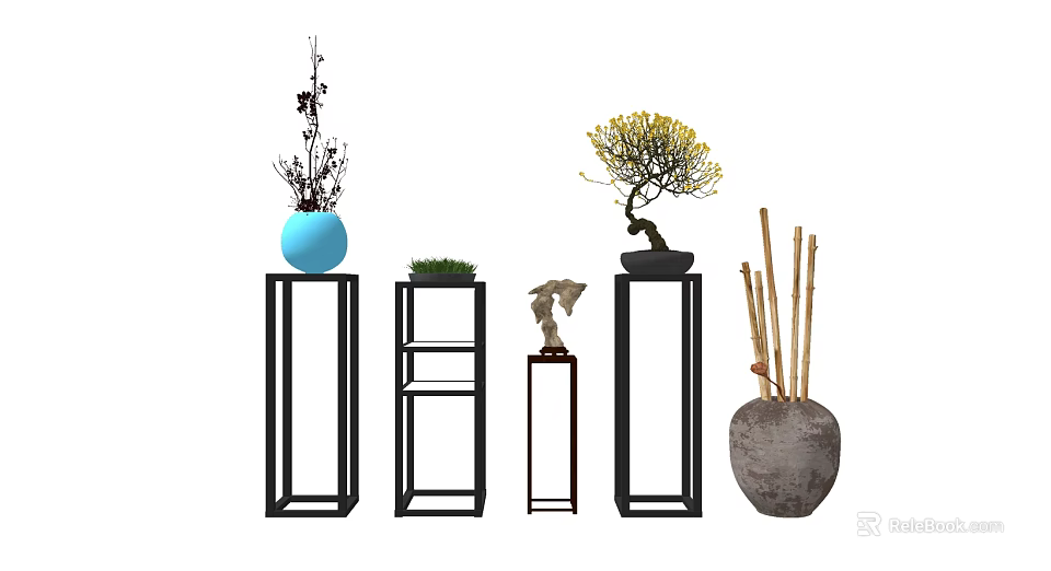 Decorative Plant Stands With Blue Vase Potted Plant Yellow Tree Figurine Bamboo And Terracotta Pot 3d model 