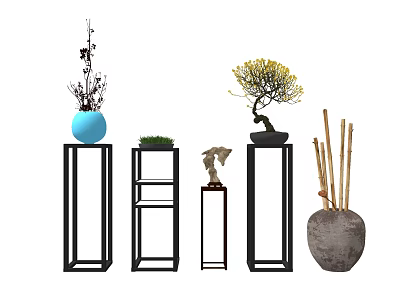 Decorative Plant Stands With Blue Vase Potted Plant Yellow Tree Figurine Bamboo And Terracotta Pot 3d model
