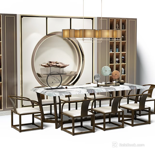 Chinese Style Dining Table Set With Chairs Round Decor And Chandelier 3d model