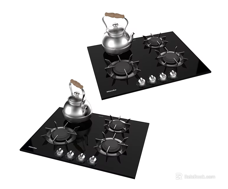 Modern Black Gas Stove Kitchen Appliances With Silver Kettles And Control Knobs 3d model