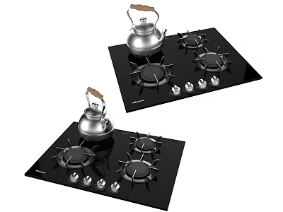 Modern Black Gas Stove Kitchen Appliances With Silver Kettles And Control Knobs 3d model