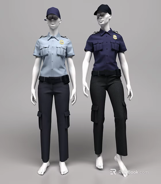 Mannequins Wearing Light Blue And Dark Blue Police Uniforms With Badge And Black Pants 3d model 