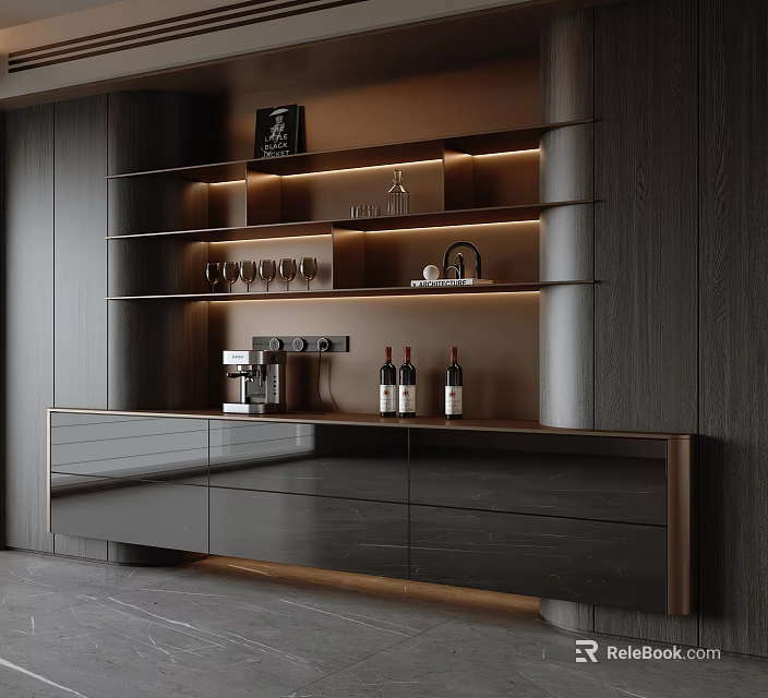 Modern Dark Wood Sideboard With Open Shelves Wine Bottles And Coffee Machine 3d model 