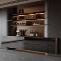 Modern Dark Wood Sideboard With Open Shelves Wine Bottles And Coffee Machine