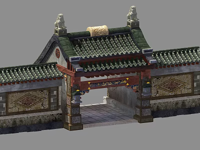Traditional Chinese Entrance Gate With Green Tiled Roof Stone Lions And Decorative Walls 3d model