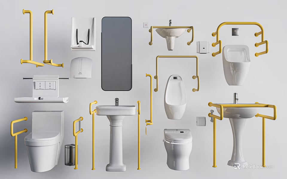 Modern Bathroom Toilet With Yellow Grab Bars Sinks Mirror And Accessories 3d model 