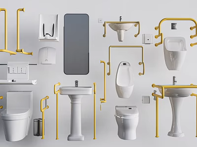 Modern Bathroom Toilet With Yellow Grab Bars Sinks Mirror And Accessories 3d model