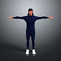 Dark Blue Tracksuit With White Sneakers For Men Standing On Gray Background