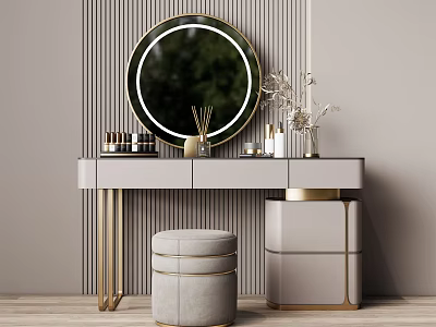 Elegant Modern Dressing Table With Round Mirror Gray Stool Gold Accents And Decorative Items 3d model