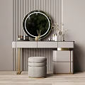 Elegant Modern Dressing Table With Round Mirror Gray Stool Gold Accents And Decorative Items 3d model