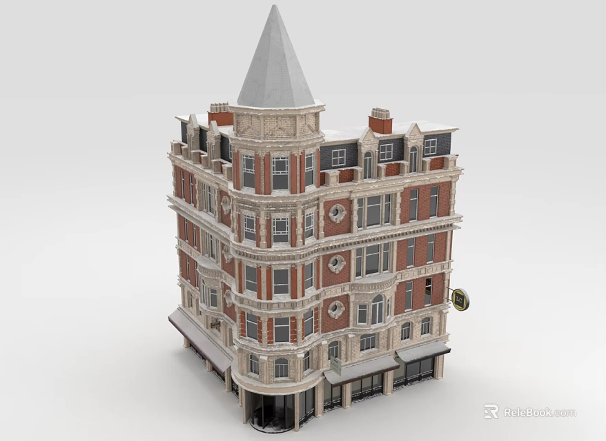 European Style Multi Story Architecture Cone Roof Red Brick Facade Arched Windows White Decorative Details 3d model 