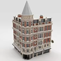 European Style Multi Story Architecture Cone Roof Red Brick Facade Arched Windows White Decorative Details