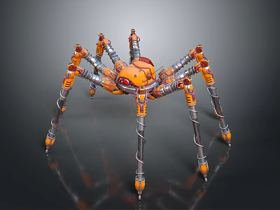 Sci Fi Robotic Spider Character With Orange Body And Silver Mechanical Legs 3d model