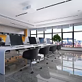 Modern Public Office Space Interior With Long Desks Multiple Computers Large Screen And Potted Plant 3d model