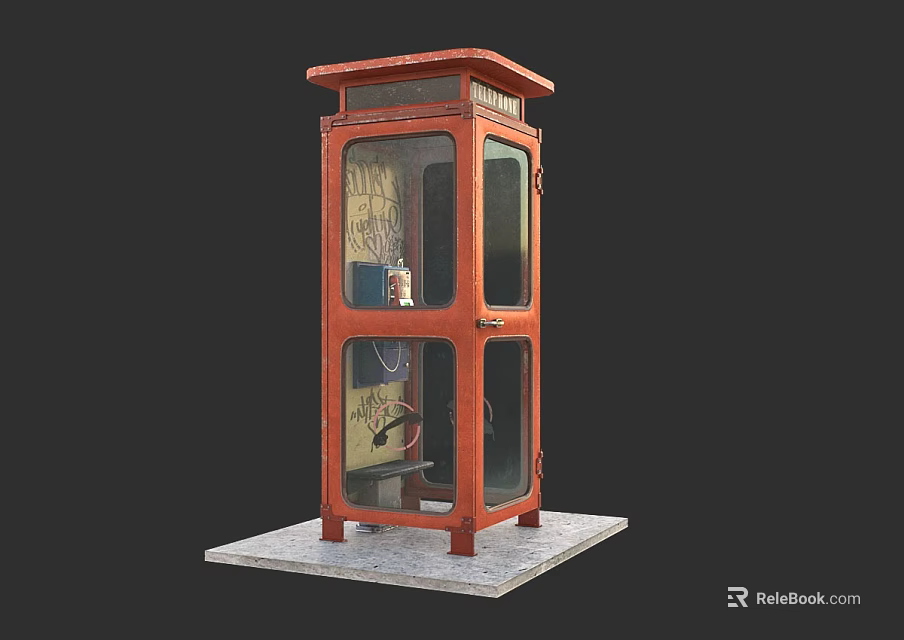Vintage Red Phone Booth With Glass Doors On Concrete Pedestal Base 3d model 