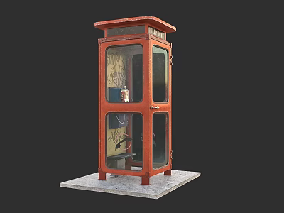 Vintage Red Phone Booth With Glass Doors On Concrete Pedestal Base 3d model