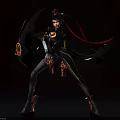 Game Movie Character In Black Outfit With Red Ribbon And Dynamic Sword Pose