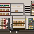 Various Types And Colors Display Shelves Storing Boxes Canned Goods Fruits With Hand Truck