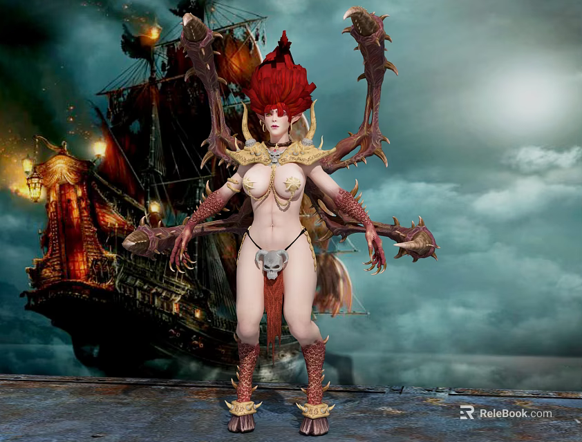 Game and Movie Character Featuring Red Hair Demonic Appearance by Burning Ship in Cloudy Sky 3d model 