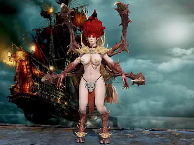 Game and Movie Character Featuring Red Hair Demonic Appearance by Burning Ship in Cloudy Sky 3d model
