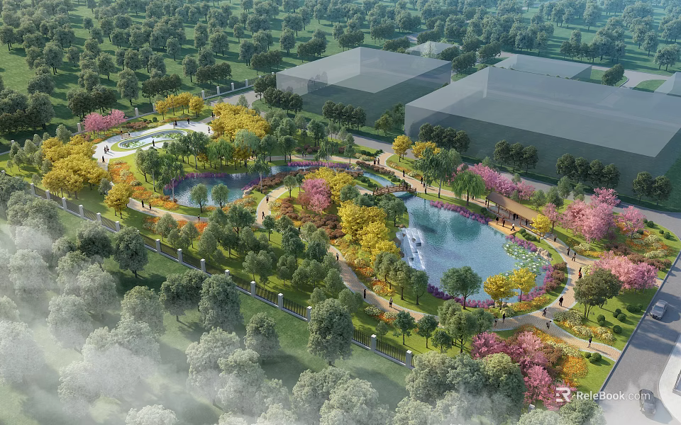 Lush Garden Landscape With Pond Colorful Blossoms Walking Paths Green Lawns And Modern Buildings 3d model 